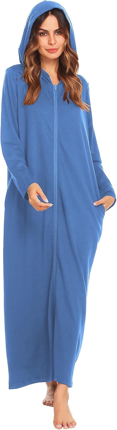 Ekouaer Robe for Women Zipper Robe Loungewear Full Length Sleepwear Pockets Housecoat Casual Straight Robe