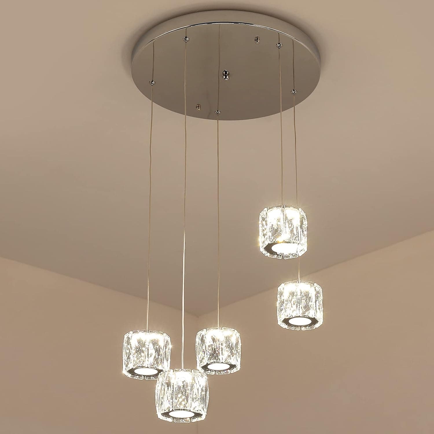 Temgin 5 Light Crystal Chandeliers Modern 15W Warm White 3000K LED Ceiling Lights Fixtures Pendant Lighting for Living Room Dining Room Bedroom Kitchen Island Bar Counter Wire Adjustable