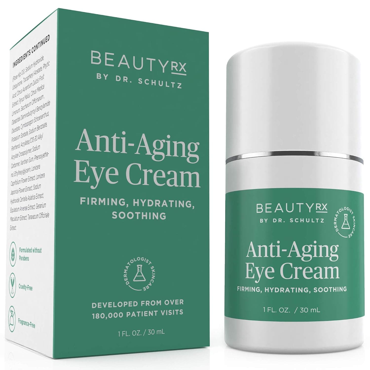 BeautyRx by Dr. Schultz Eye Cream for Dark Circles, Bags, Wrinkles & Puffiness. Best Firming Under & Around Eyes Anti-Aging & Moisturizing Treatment with Vitamin C, Hyaluronic Acid & Green Tea (1 oz)