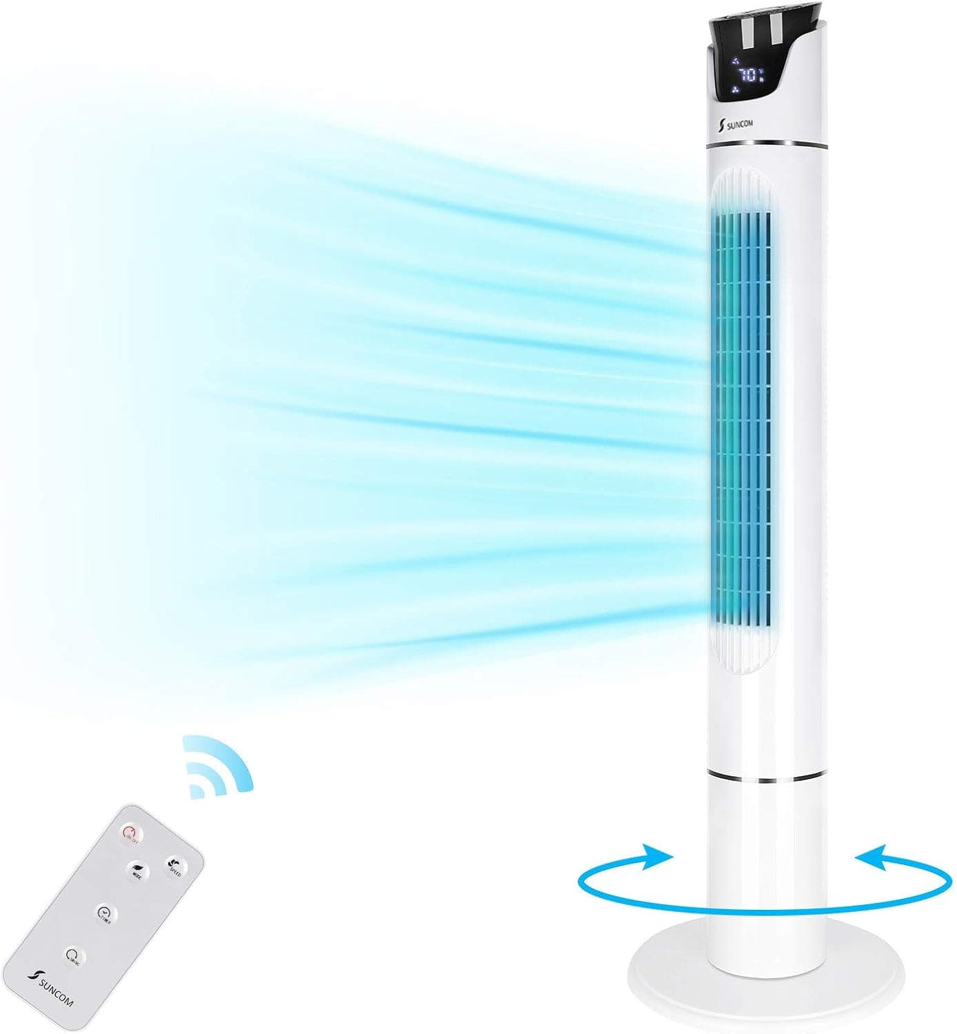 SUNCOM Tower fan,43” 70°Oscillating Cooling Fan with Remote, 9 Modes, Up to 12H Timer, LED Display Auto turn-Off, Bladeless Standing Fan Portable for Whole Room (White)