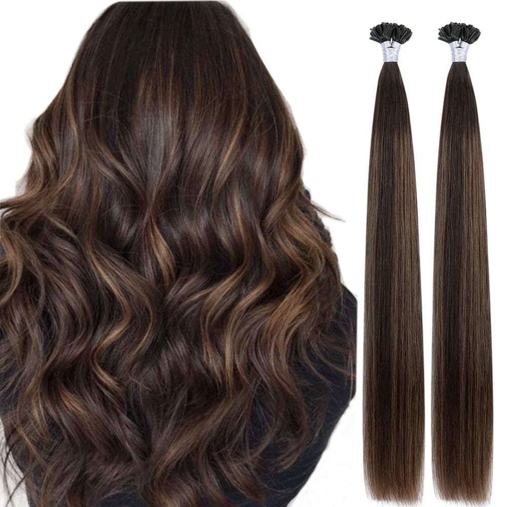 HairMujer U Tip Hair Extensions Human Hair Straight Pre Bonded Italian Keratin Nail Tip Fusion Hairpiece Balayage Dark Brown to Golden Brown 18inch 100% Remy Human Hair Extensions (50g/pack)