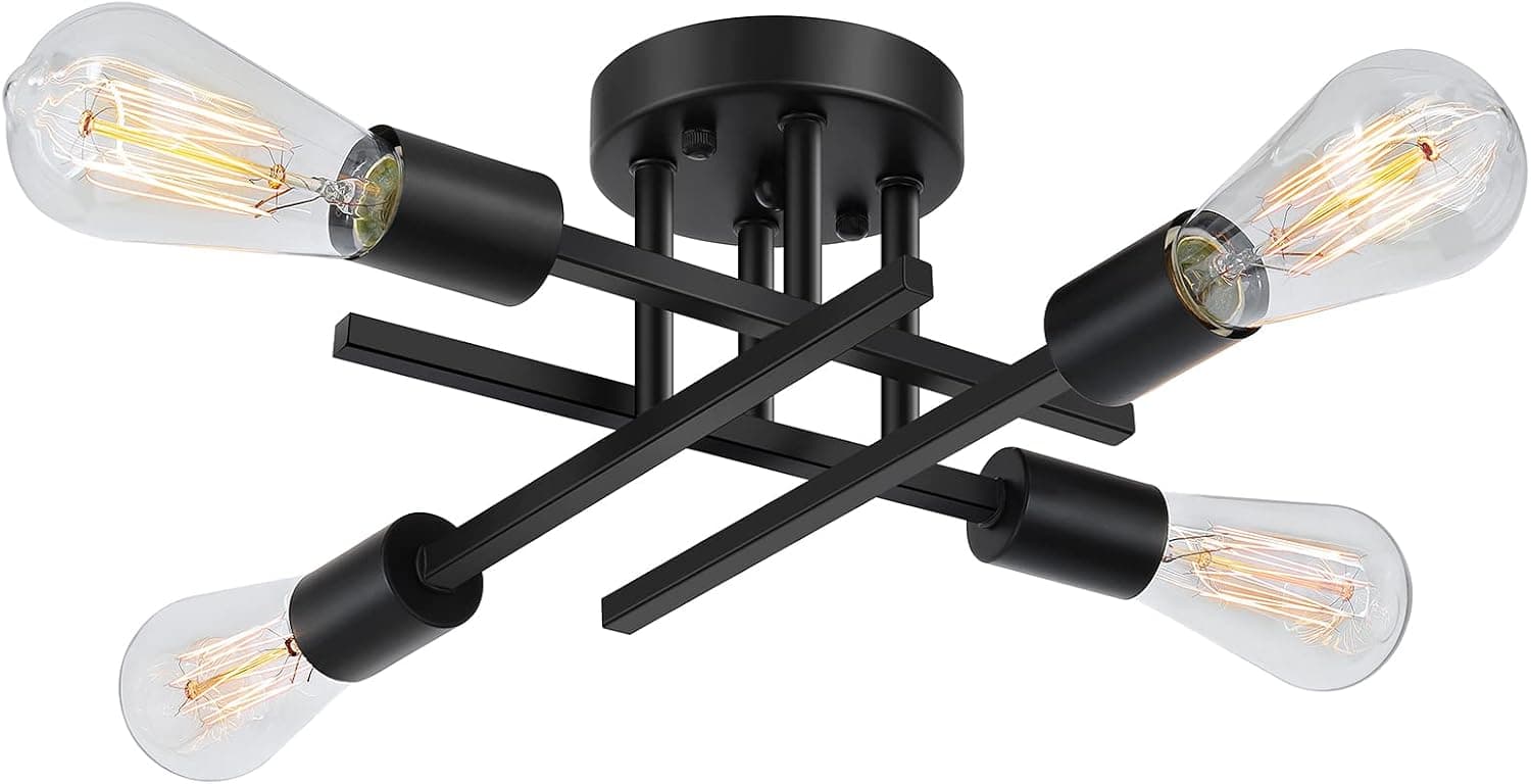 SunRider Industrial 4-Light Semi Flush Mount Ceiling Light Fixture, Modern Farmhouse Lighting Matte Black, Rustic Sputnik Chandelier Ceiling Lamp for Kitchen Bedroom Living Room, Bulbs Not Included