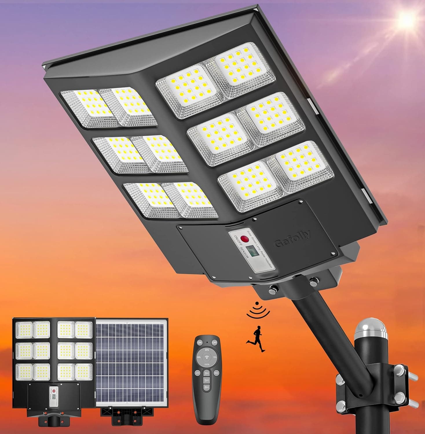 Gefolly 600W Solar Street Light Outdoor, 60000LM Parking Lot Light Commercial Dusk to Dawn, 6500K Street Light Solar Powered Outdoor Security Flood Light with Motion Sensor for Road, Yard, Playground