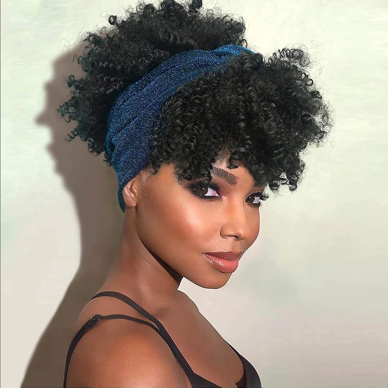 Short Black Curly Headband Wig Afro Kinky Curly Wig with Bangs Synthetic Kinky Curly Head Band Wig Short Wigs for Black Women Natural Hairsoftly Wig