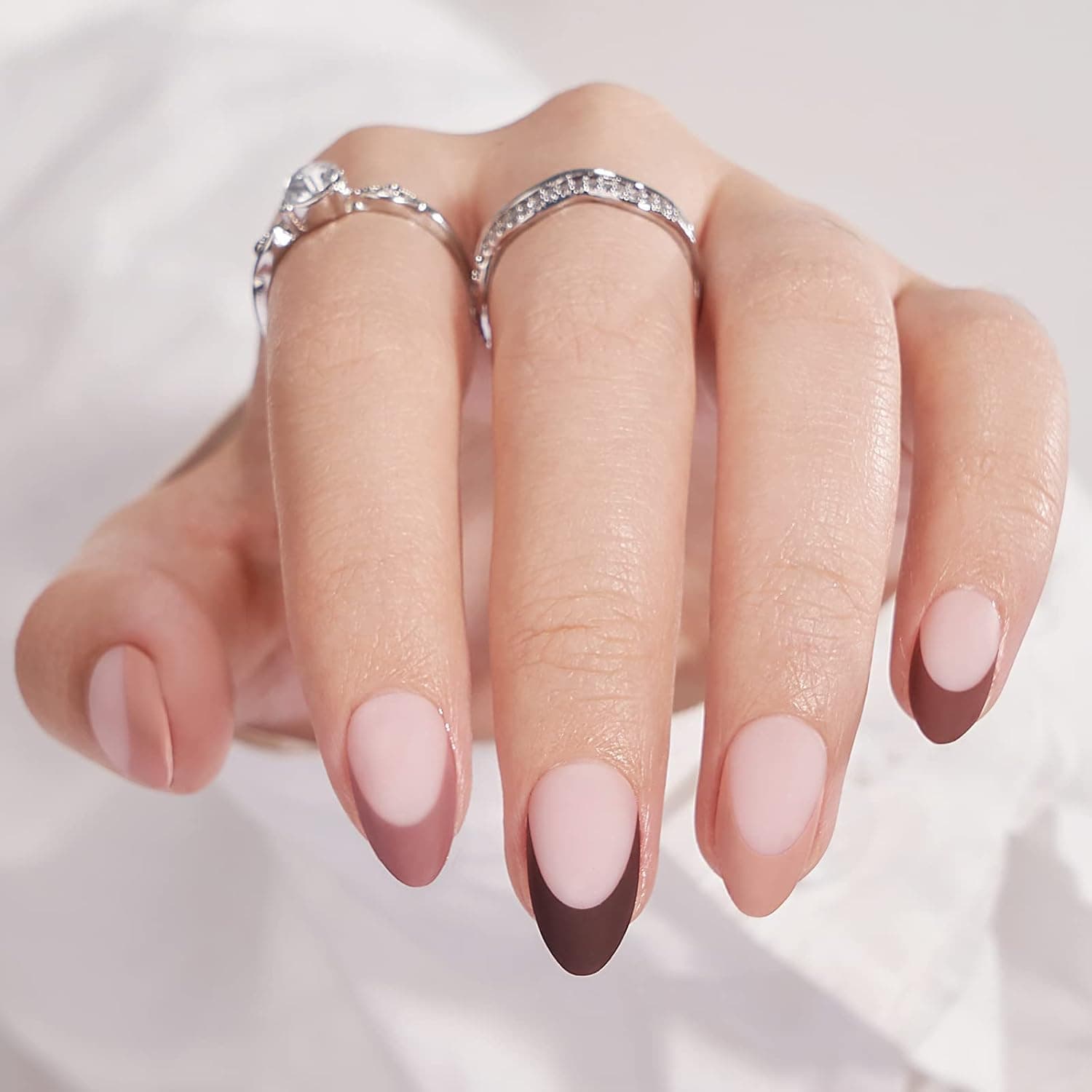 Almond Press On Nails - BTArtbox French Tip Press On Nails, Supremely Fit & Natural Glue On Nails with Nail Glue, Reusable Stick On Nails in 15 Sizes - 30 Fall Soft Gel Fake Nails Kit, Morning Coffee