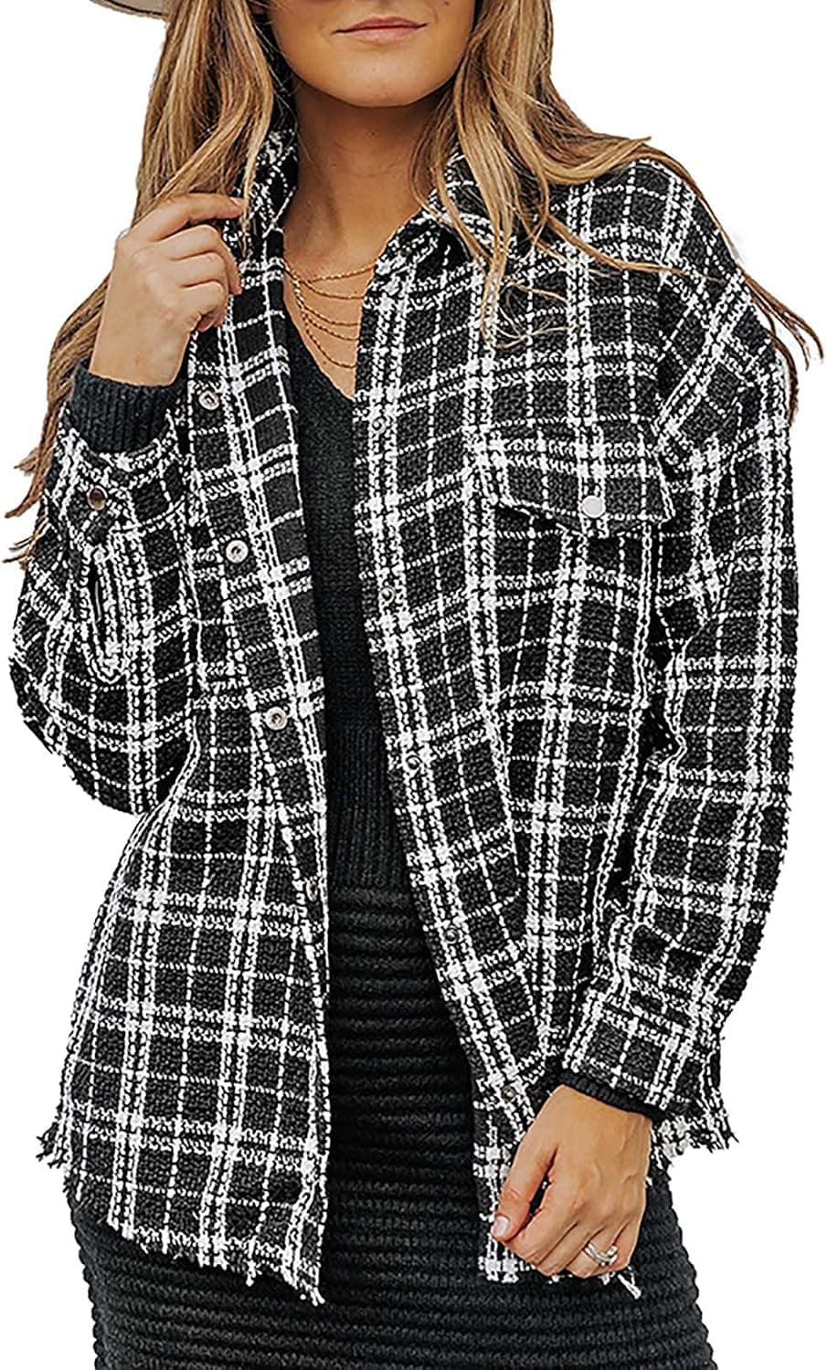 Sidefeel Womens Collared Dropped Shoulder Button Down Pocket Front Plaid Shacket Jacket