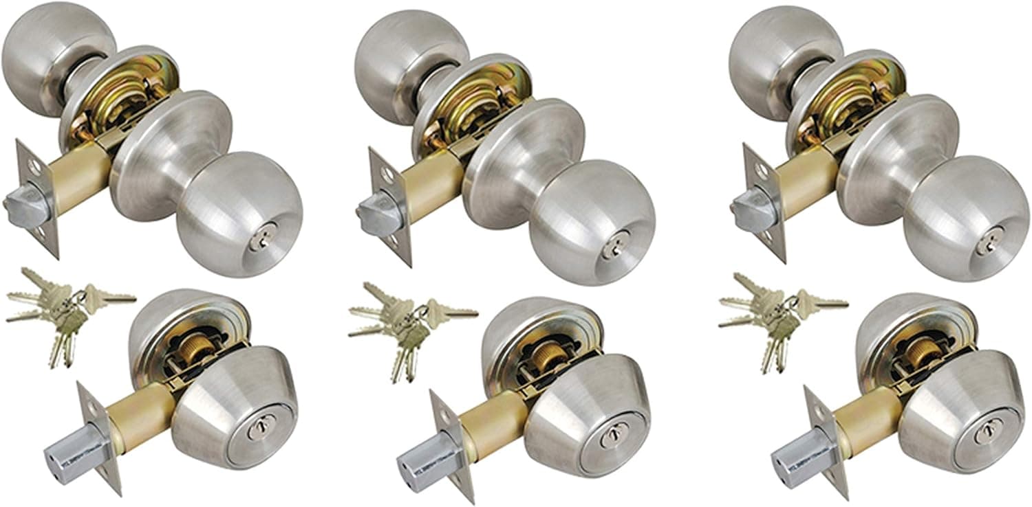 Grip Tight Tools ED06C-3, Set of 3 (Satin Stainless Steel) Combo Entry Lock Set Door Knob and Double Cylinder Deadbolt Alike: SC1 Keyway with 18 Keys Included