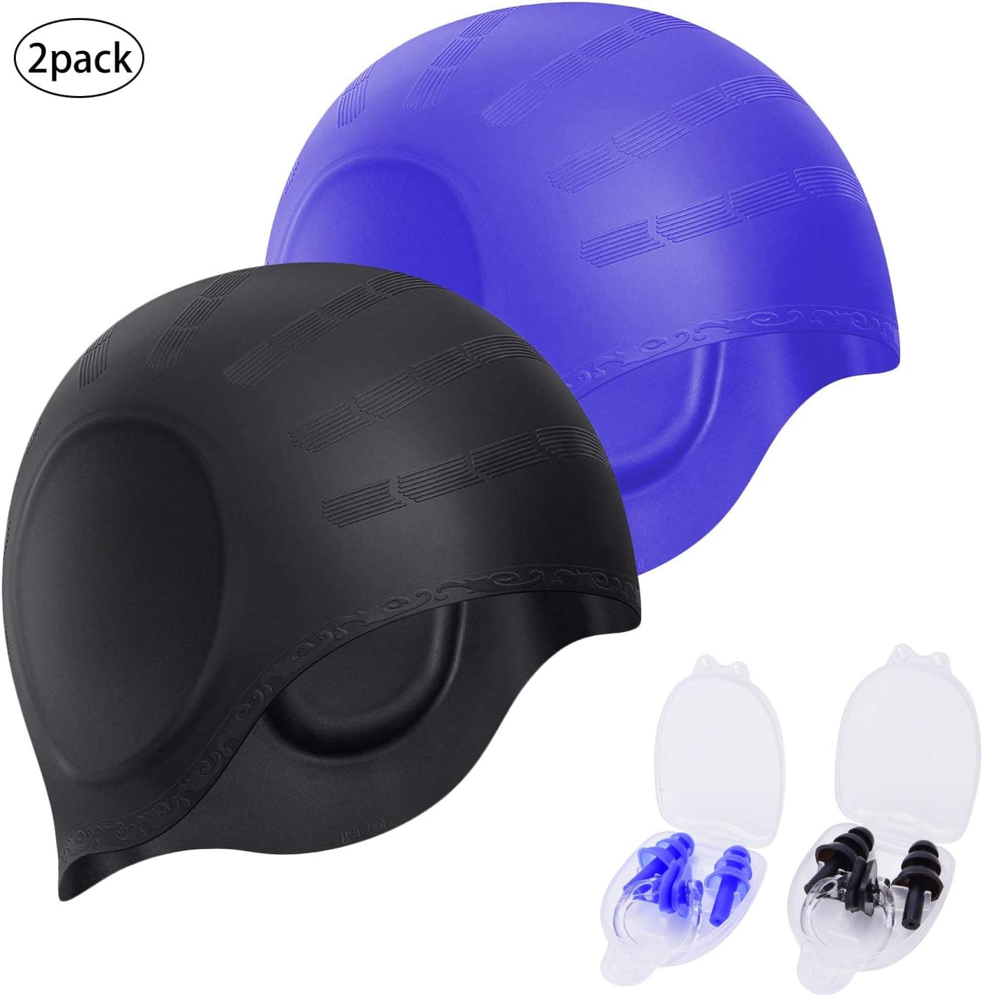 Yostyle Swim Cap, 2Pack Silicone Swimming Caps for Long Hair - 3D Ergonomic Design Swimming Hat for Women Kids Men Adults Boys Girls, Comfortable and Durable with Nose Clip & Ear Plugs - Black & Blue