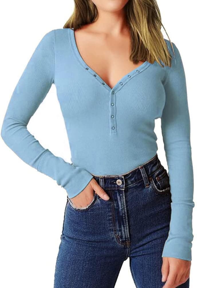 Roselux Women Long Sleeve Ribbed Fitted Shirt V Neck Basic Thermal Henley Top