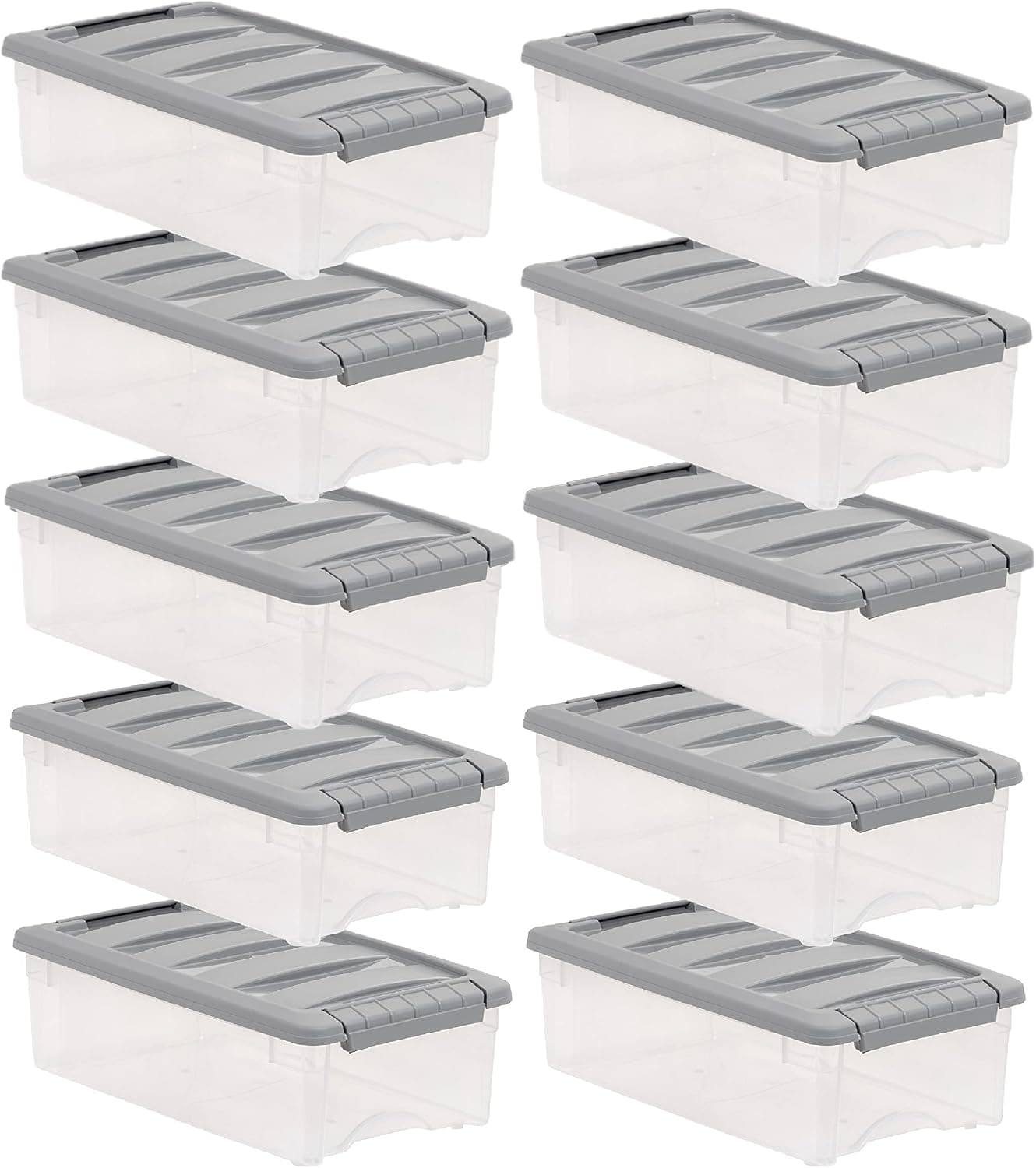 Amazon Basics 5 Quart Stackable Plastic Storage Bins with Latching Lids- Clear/ Grey- Pack of 10