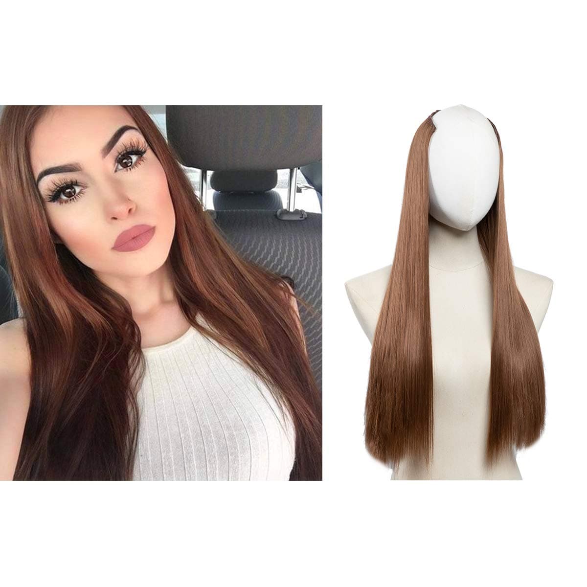 Synthetic U Part Wig Light Golden Brown Long Hair Extensions Clip in 24 Inch Straight Full Head Hair Pieces for Women SARLA