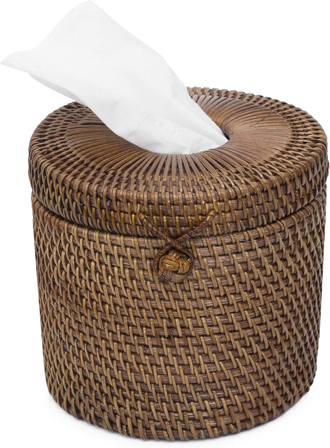 Rattan Round Tissue Box Wicker Toilet Paper Holder Single Roll Cover Protector Circle Container Dispenser with Lid for Bathroom Vanity, Toilet Tank, Home Decor, Hotel, Office, Car Accessories (Coffee)