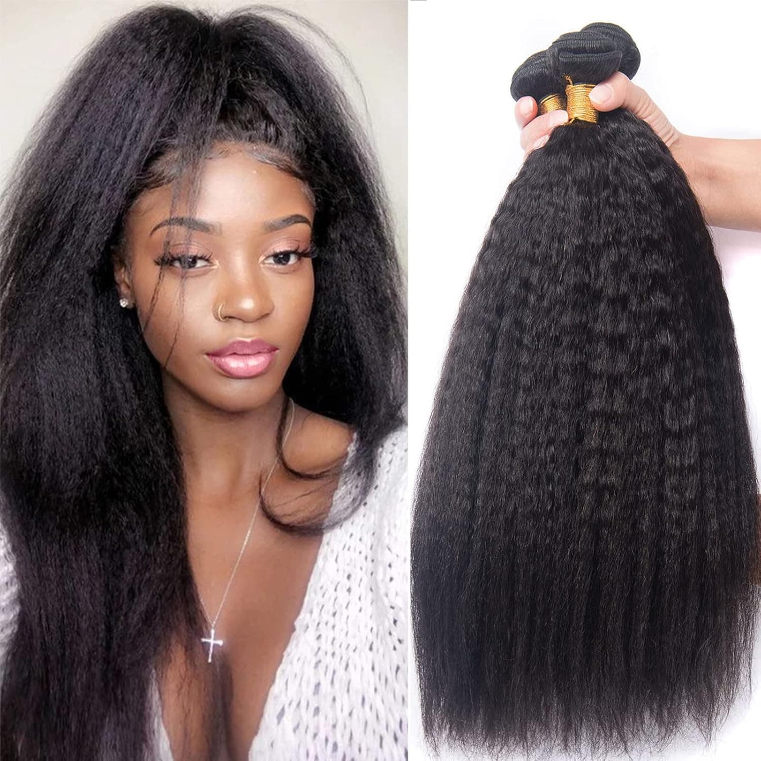 Kinky Straight Bundles, 20 20 20 Inch Kinky Straight Human Hair Bundles 100% Unprocessed Brazilian Virgin Hair Bundles 10A Grade Double Weft Yaki Human Hair Bundles Natural Black