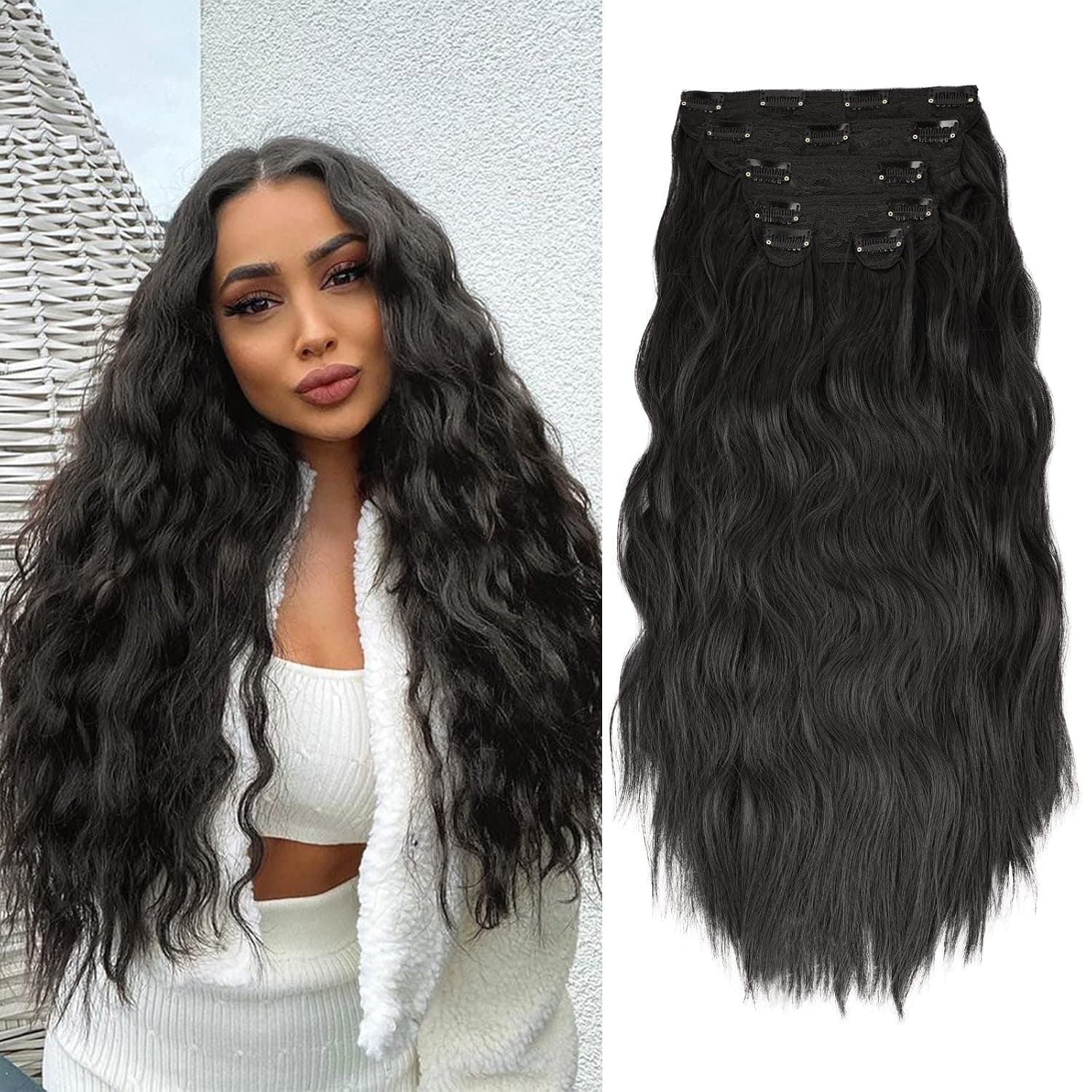 Clip In Natural Black Hair Extensions 20 Inch 6pcs Thick Curly Clip In Hair Extensions Synthetic Double Weft Wavy Hairpieces Full Head For Women(1B#)