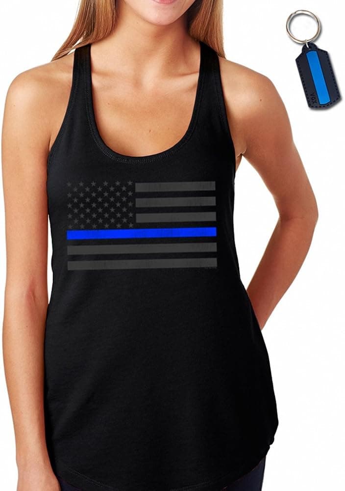 Thin Blue Line Flag Support Police Women's Racerback Tank Top T-Shirt & Keychain Gift Black (2XL)