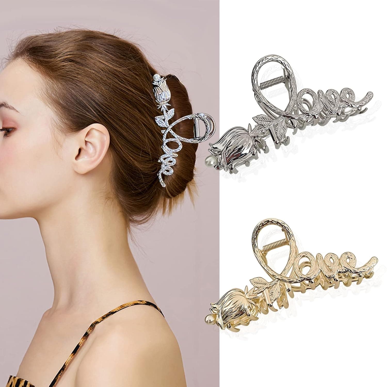 Fuyunohi Hair Clips,2 Pcs Metal Hair Barrettes for Women, Gold Claw Clip, Silver Hair Clips,90s Accessories for Women(Gold/Silver Tulip)