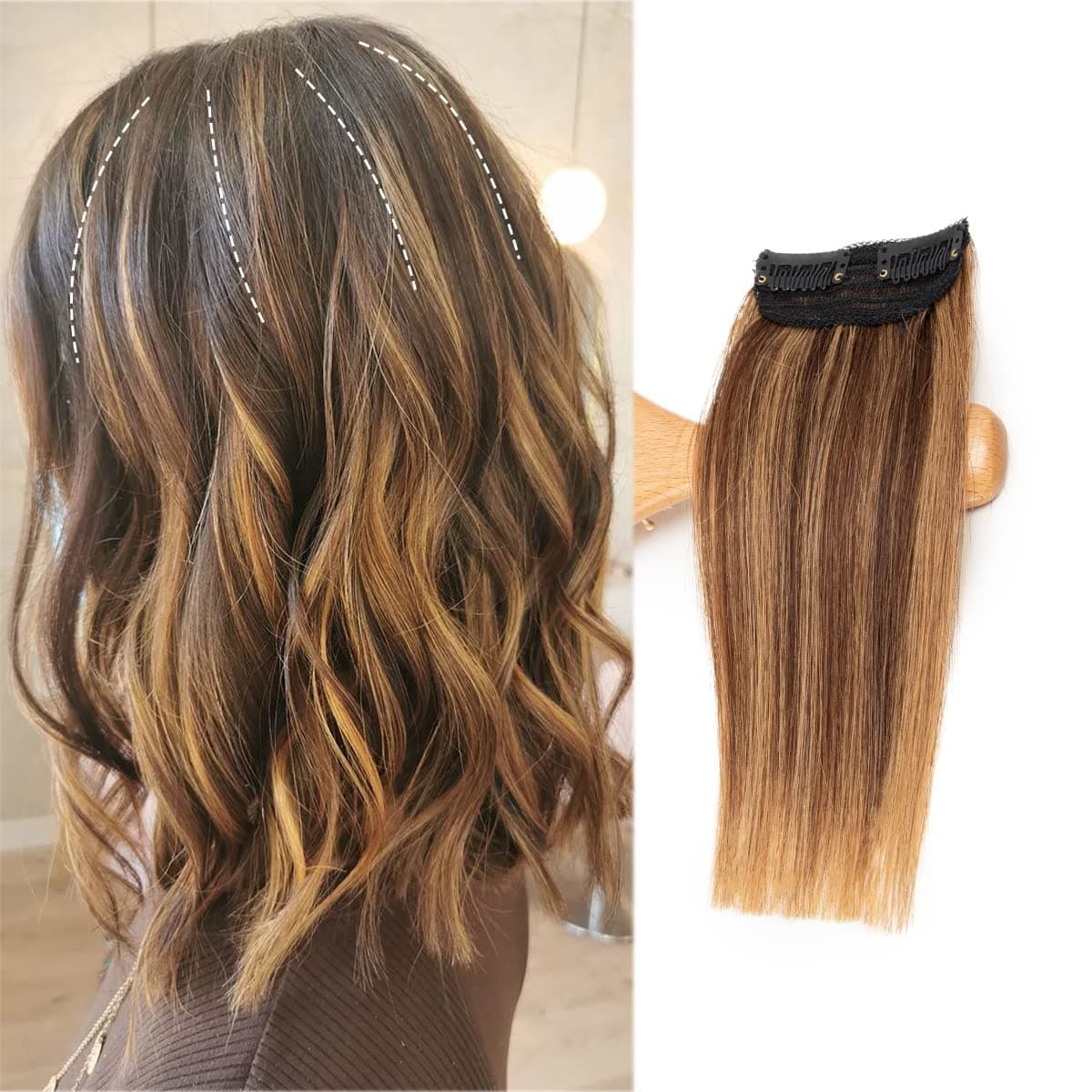 FEIPRO Real Remy Human Hair Clip in Hair Extensions Short Straight Thick Double Weft One Piece for Thinning Hair Invisible Hairpin Increase Women Hair Volume 8" #P4/27 Medium Brown/Dark Blonde