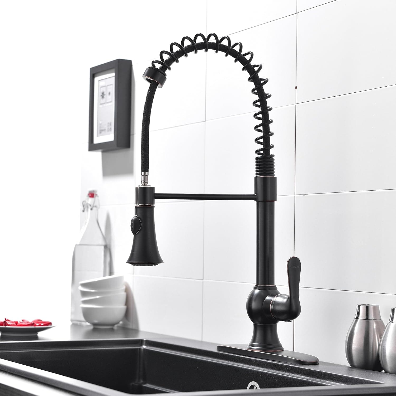 VAPSINT® Commercial Single Lever One Handle Spring Sprayer Pre Rinse Pull Down Stainless Steel Pull Out Oil Rubbed Bronze Kitchen Faucet, Modern Bronze Kitchen Sink Faucet