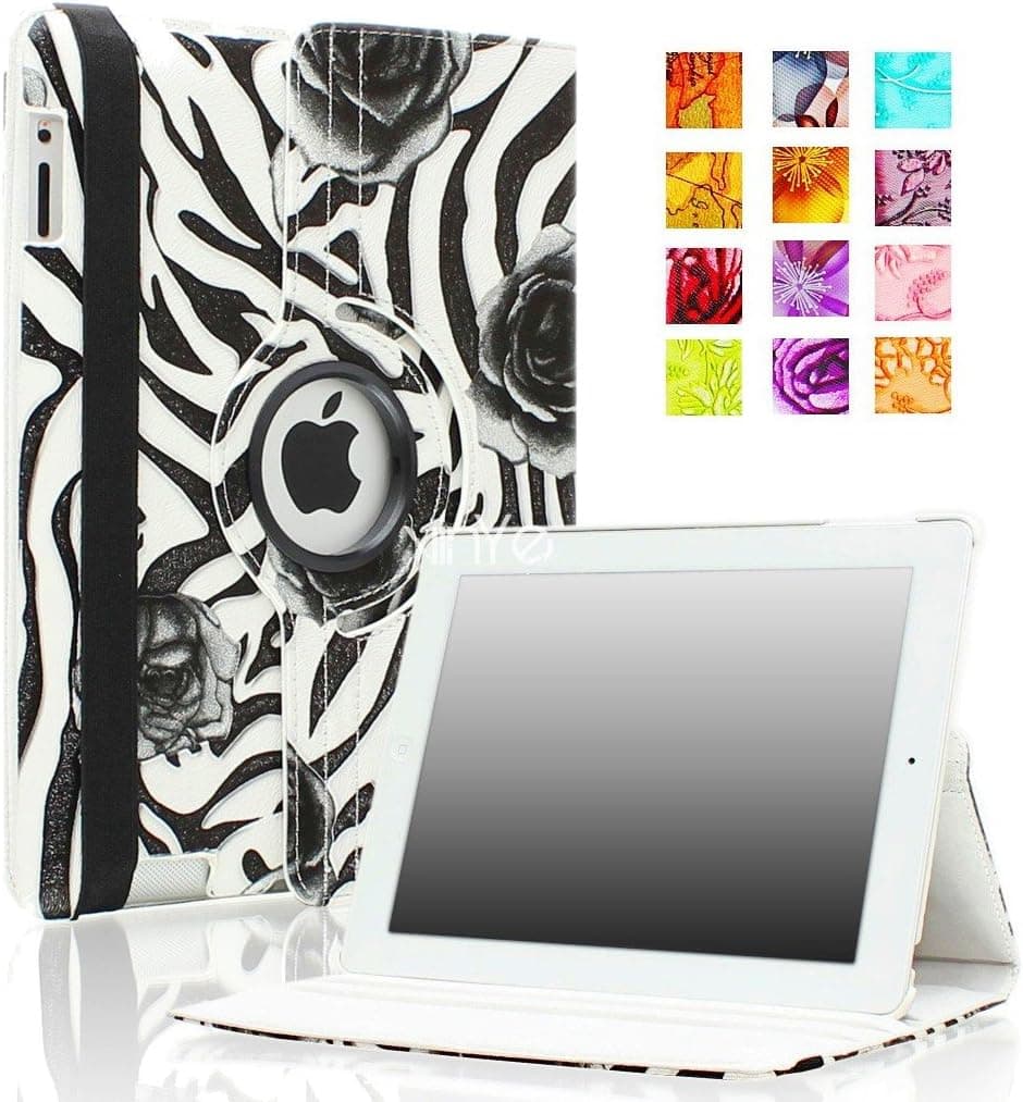 VINYE (TM) For Apple iPad Case - White Rose Leopard 360 Degrees Rotating Flower Rose Leopard Map Pattern Leather Stand Case Smart Cover with Auto Sleep / Wake Feature for iPad 4 with Retina Display, iPad 3, iPad 2 (iPad 2/iPad 3/iPad 4)
