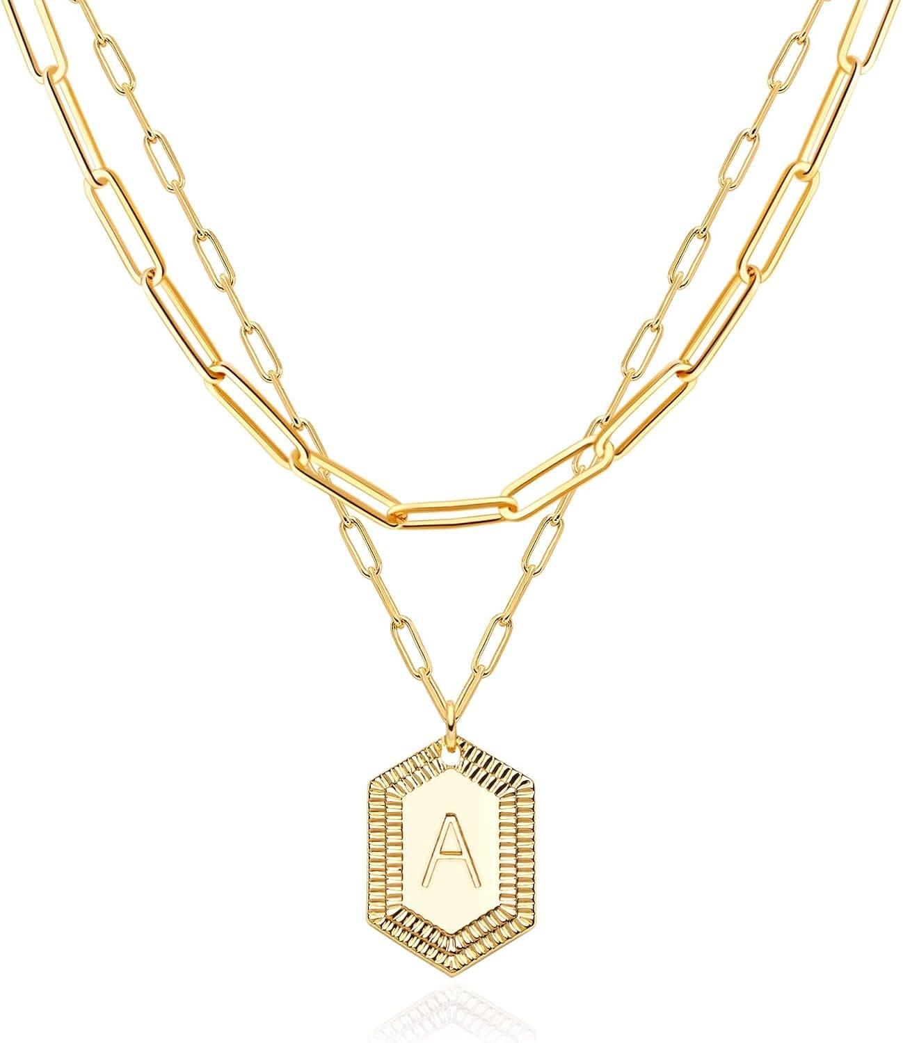 MTMY Dainty Layered Initial Necklaces for Women,14K Gold Plated Adjustable Paperclip Chain Necklace Personalized Engraved Hexagon Letter Pendant Choker Necklace for Women Girls Jewelry Gifts