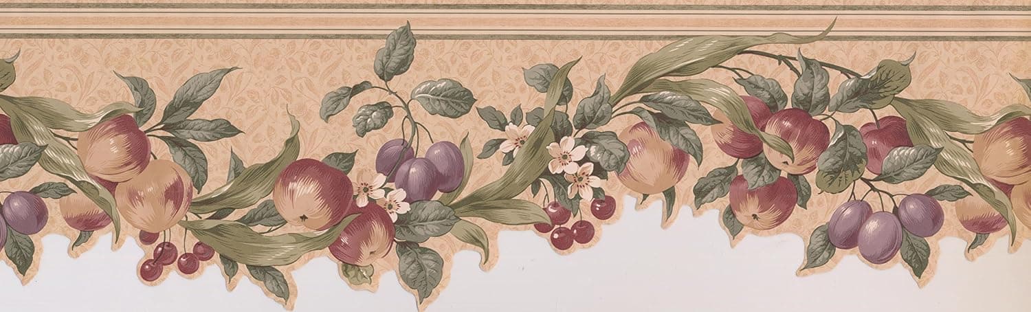 Cream Green Apples Cherries Floral Wallpaper Border 103721 CV
