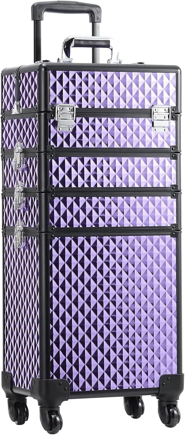 Qivange 4 in 1 Rolling Makeup Train Case Professional Aluminum Large Cosmetic Trolley Organizer Case Extra Large Capacity Cosmetology Case Makeup Travel Case with 360° Swivel Wheels,Purple