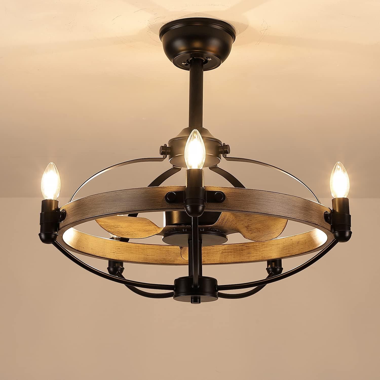 MADSHNE 24" Caged Ceiling Fan with Lights and Remote,Small Rustic Farmhouse Ceiling Fan,Black Bladeless Candle Chandelier Ceiling Fan, Reversible (Bulbs Included)