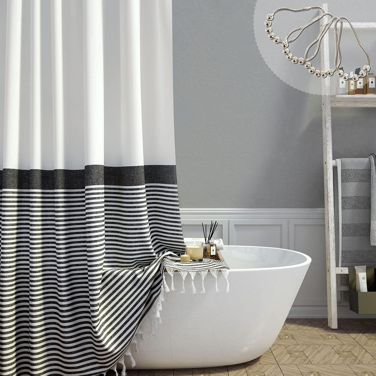 Dynamene Modern Farmhouse Fabric Shower Curtain Boho Black and White Striped Cotton Cloth Bathroom Shower Curtain with Tassels, Hotel Luxury Decorative Shower Curtain Set with 12 Metal Hook - 72x72