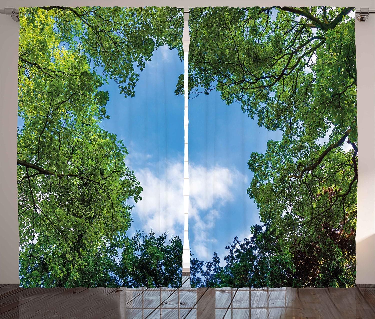 Ambesonne Green Curtains, Natural Tree Branches on Cloudy Sky Leaves Digital Art Print, Living Room Bedroom Window Drapes 2 Panel Set, 108" X 63", Forest Green Sky Blue