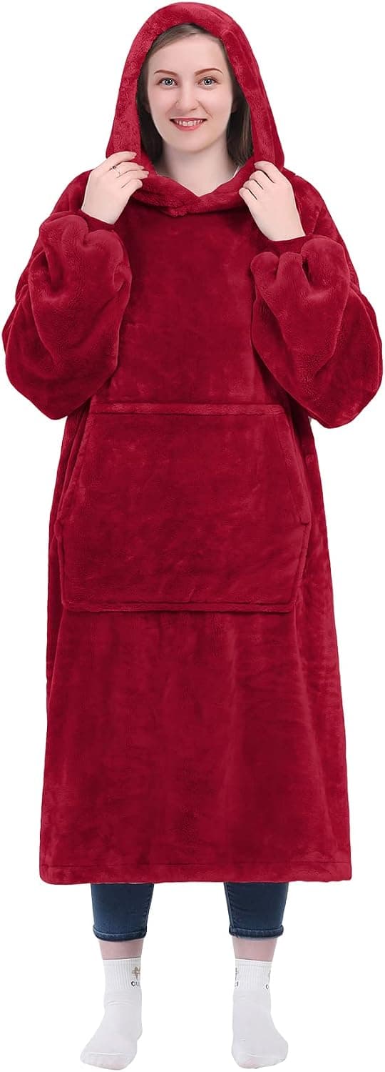 Kpblis Wearable Blanket Hoodie for Women and Men, Oversized Wearable Hoody Blanket Sweatshirt, Warm and Cozy Giant Wearable Fleece Blanket with Sleeves and Giant Pocket for Adults and Kids, Red