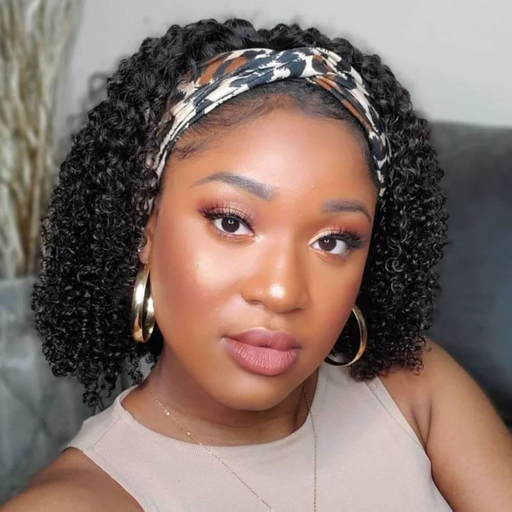 AISI QUEENS Headband Wig Human Hair For Black Women Curly Wigs Glueless Human Hair Short Curly Headband Wigs (10 Inch, Curly Headband Wigs)