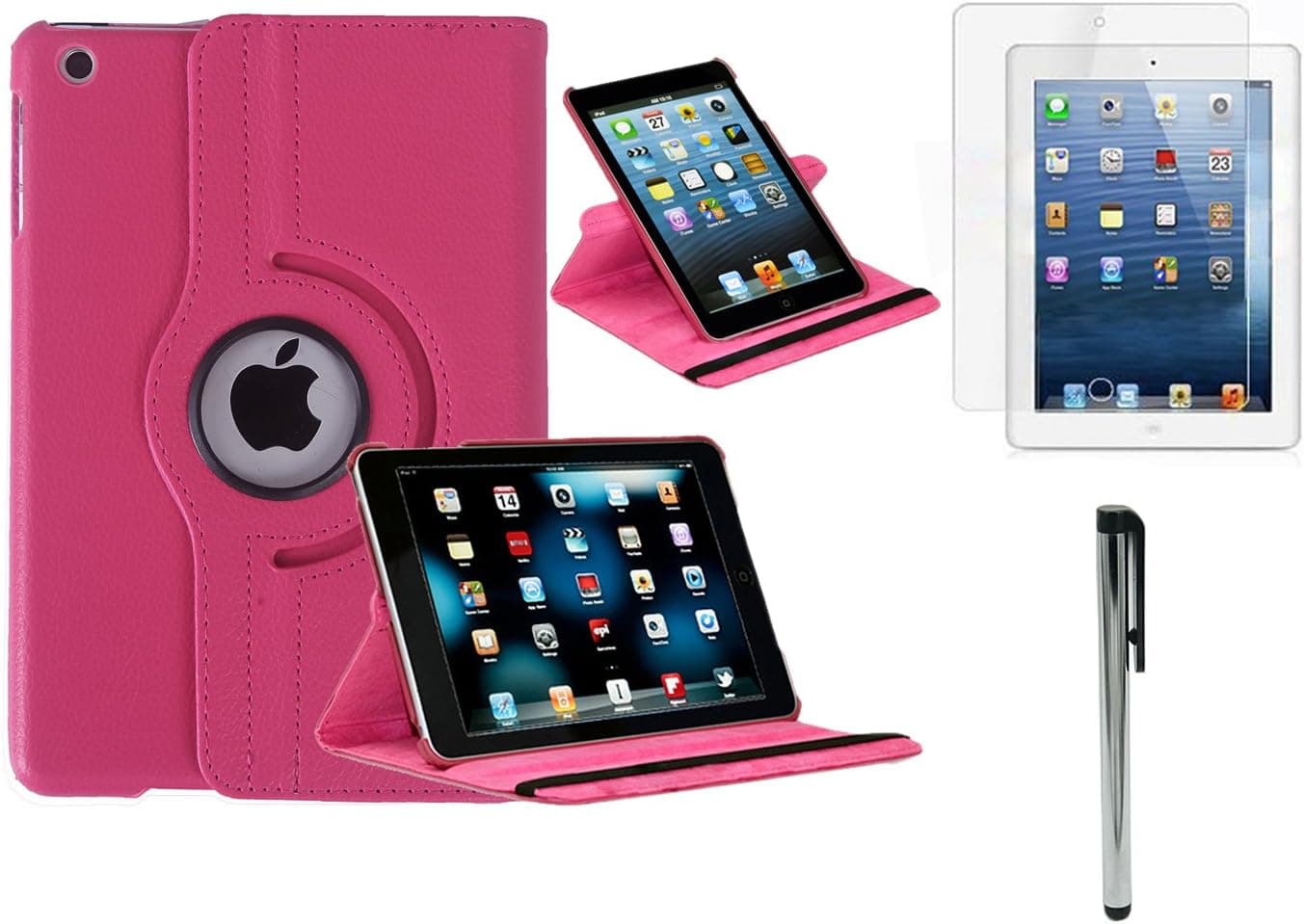 HDE iPad Mini Tablet Case Rotating Flip Stand Folding Smart Cover Leather + Screen Protector + Stylus for Apple Mini 2/3 Retina (Hot Pink)