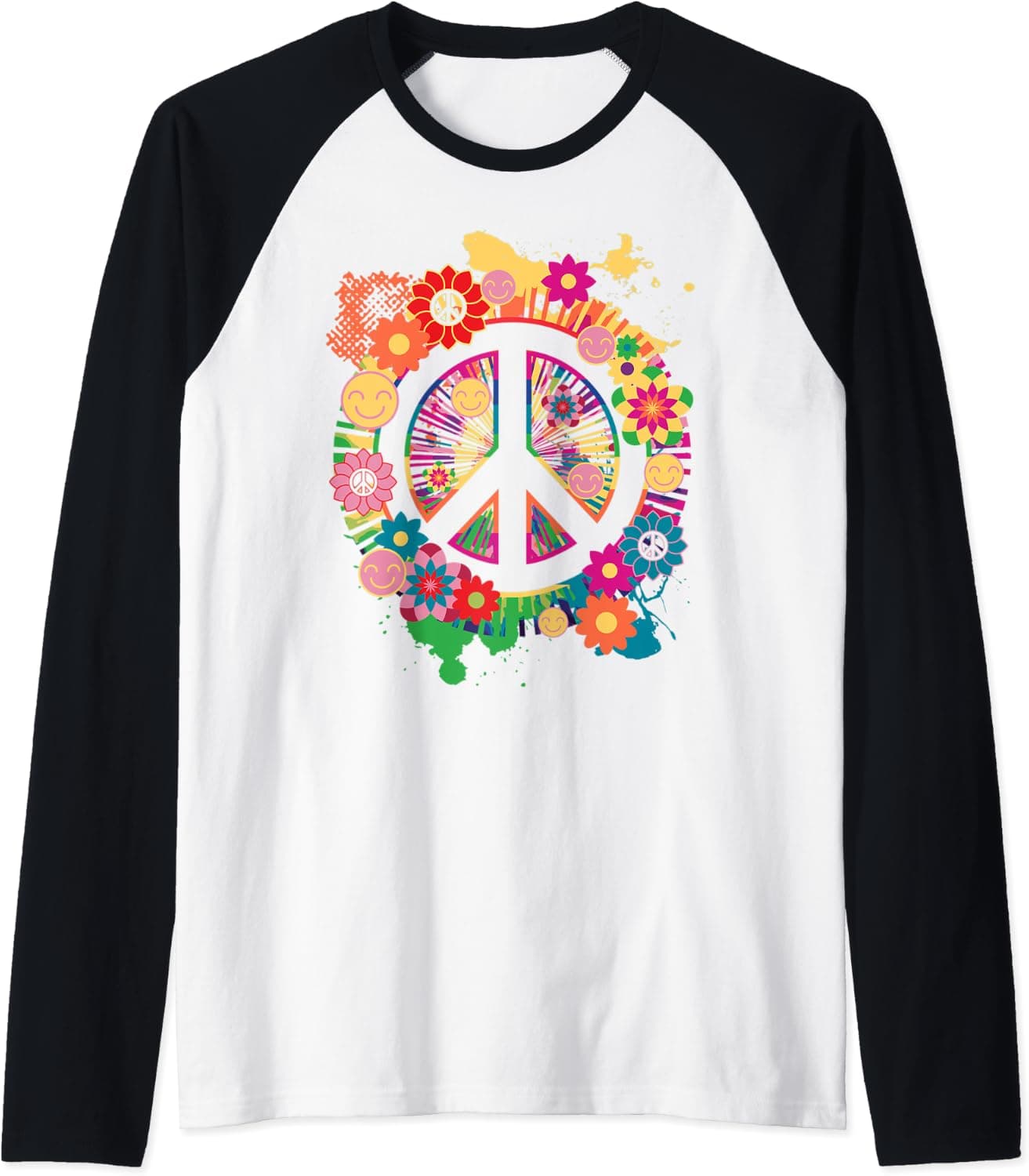 Peace Sign Flowers Colorful 60's 70's Hippies Gift Raglan Baseball Tee