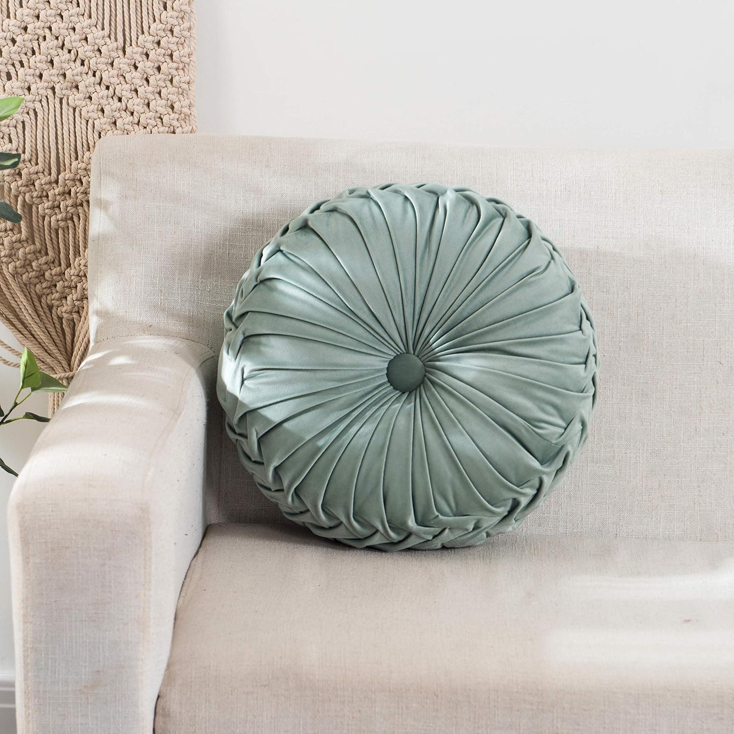 Round Throw Pillow Cushion Velvet Pleated Pillow Filled European Solid Color Pumpkin Plush Floor Pillow Home Decorative for Sofa Bed Living Room Office Chair Couch (Sage)