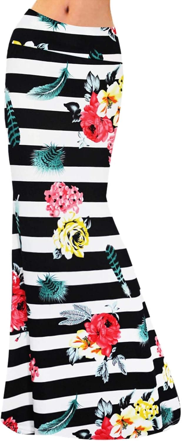 Multifit Women's Tie-Dye Floral Print Skirt Fold Over High Waist Pleated Long Maxi Skirt