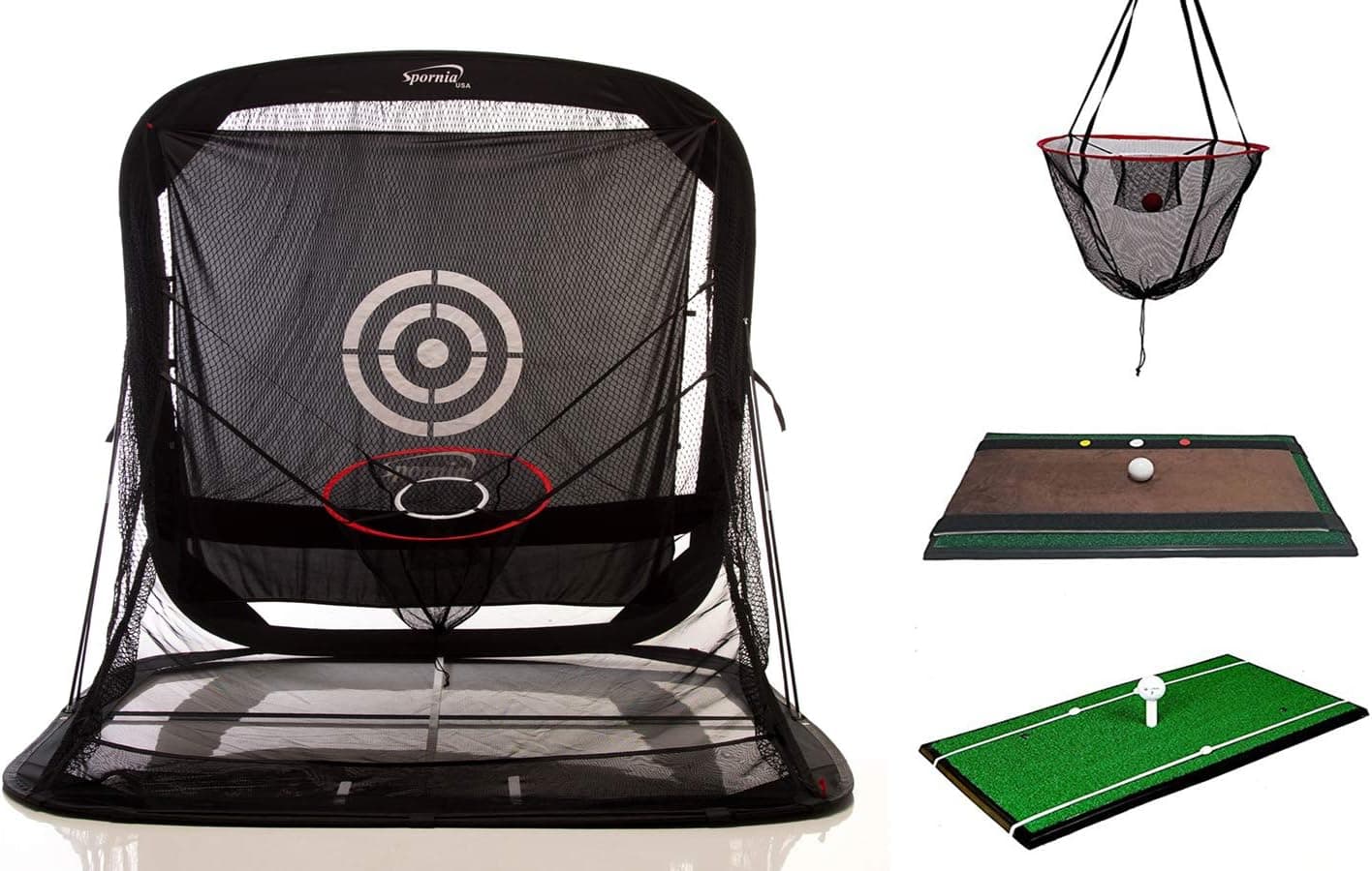 Spornia Golf Bundle | Spg-7 Golf Practice Net | Golf Mat | Swing Indicator Trainer Attachment (2 EA) | Chipping Target Basket (2 EA)