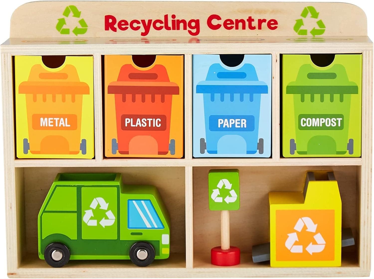 Reduce & Reuse Recycling Center Playset | Wooden Green Garbage Truck Toy, Sorting Bins, and Accessories | Safe, Natural Materials for Environmental Learning, Fine Motor Skills, and Play | 24 Pieces