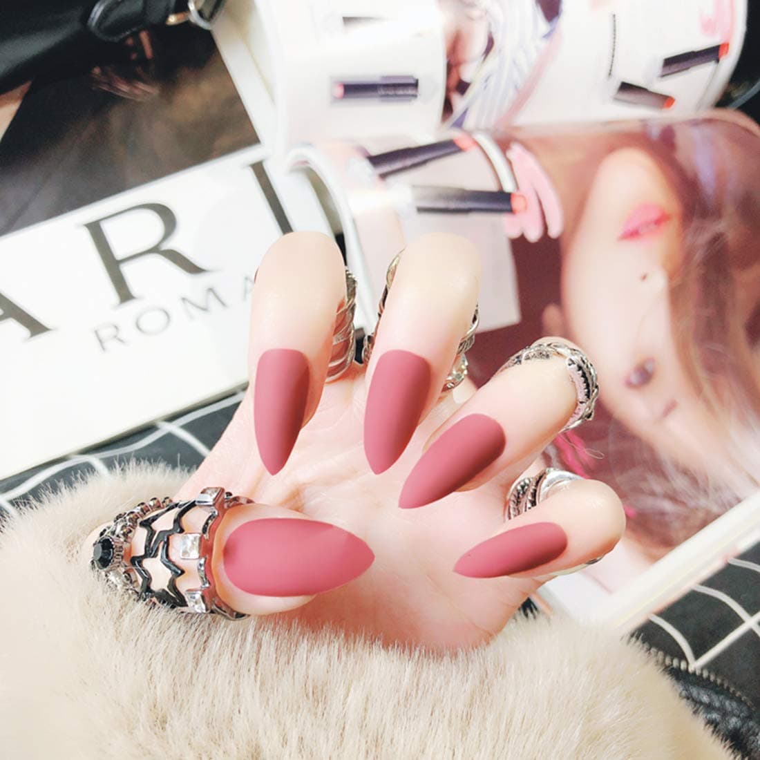 editTime 24PCS Solid Colors Acrylic Stiletto False Nails Full Cover Fake Nails Tips Natural Long Claw Nails (Matte scarlet pink)
