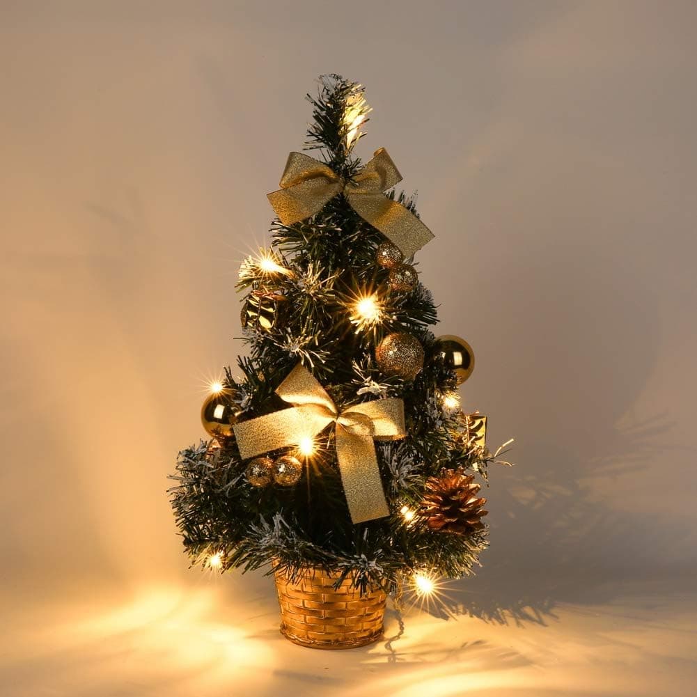 Ingzy 15.7" Tabletop Small Christmas Tree with Lights,40CM Artificial Mini Xmas Pine Tree for Home Standing Ornaments Party Desktop Decoration(Gold)