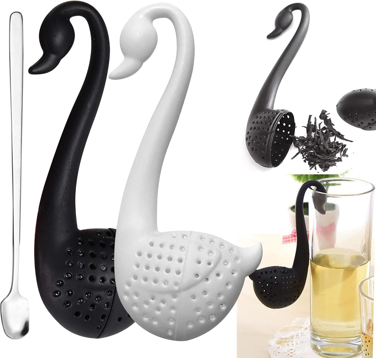 2 Pack swan Tea Infuser Filter, with a stainless steel spoon， Tea Ball Strainer,Cute Ultra Fine Mesh Leaf Tea Ball Strainer Infuser - black/white