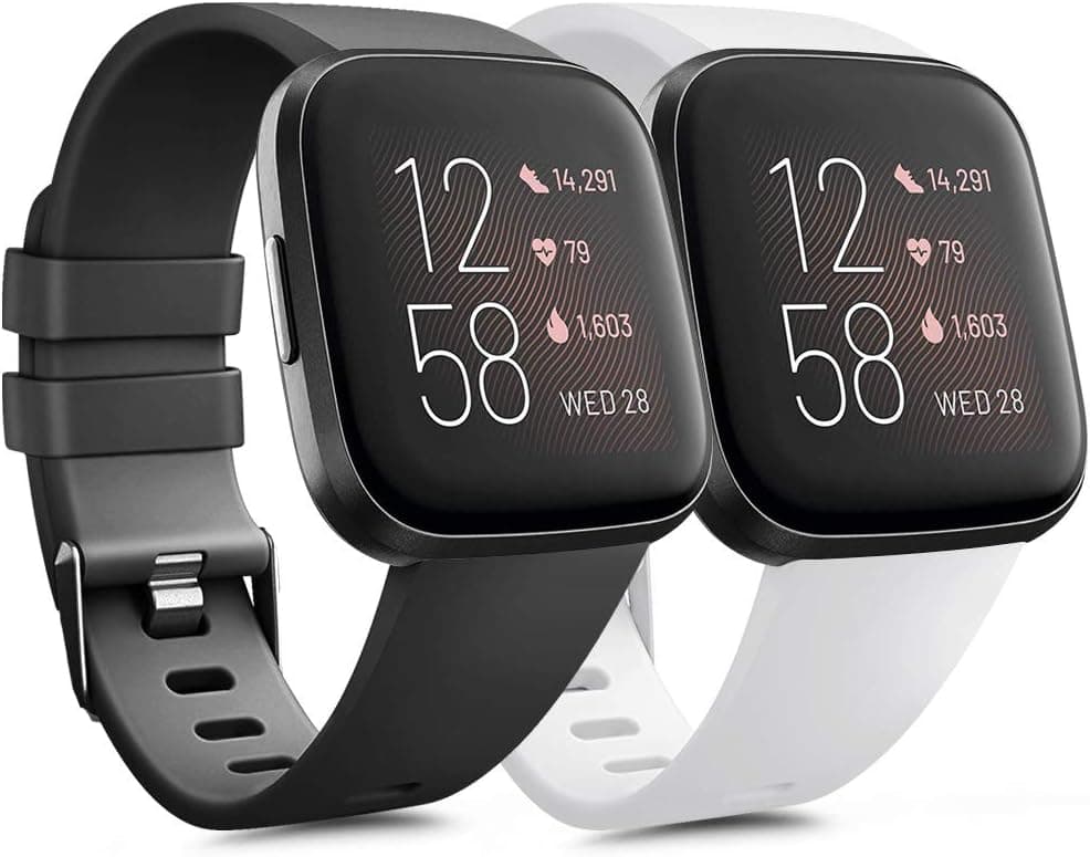 [Pack 2] Sport Bands Compatible with Fitbit Versa 2, Fitbit Versa for Women Men, Classic Soft Silicone Wristbands for Fitbit Versa & Fitbit Versa Lite (Small, Black, White)