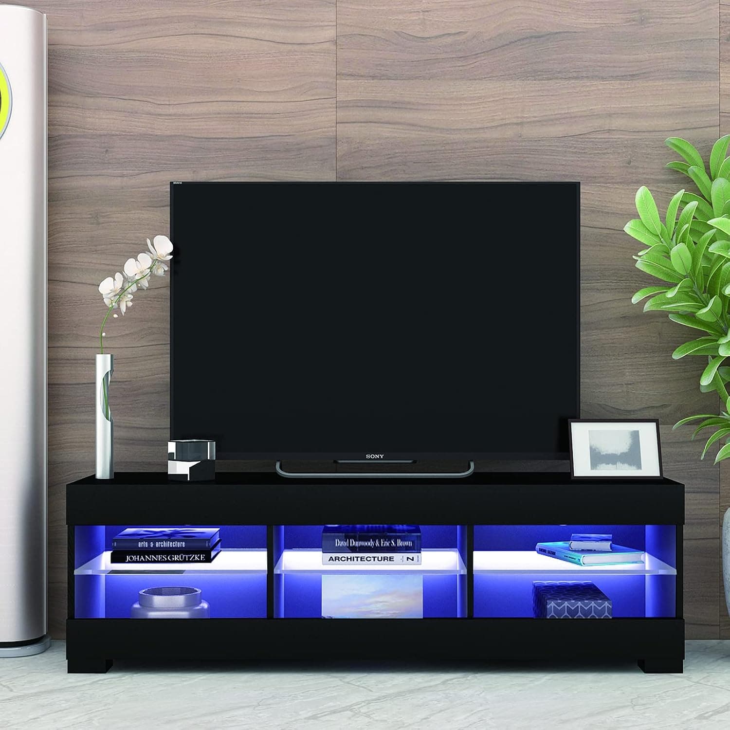Mobirex TV Stand with LED Lights, 57"W×16" D×14"H Entertainment Center for 60in TV with 2 Tiers Open Shelves, Media Console Modern TV Cabinet High Gloss for Living Room, Black