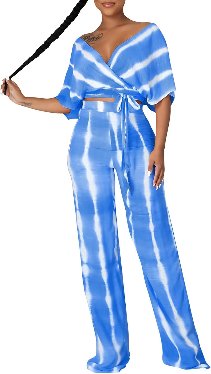 YouSexy Women's 2 Piece Wide Leg Pant Sets Floral Tie Front Crop Tops Long Pants Metching Outfits