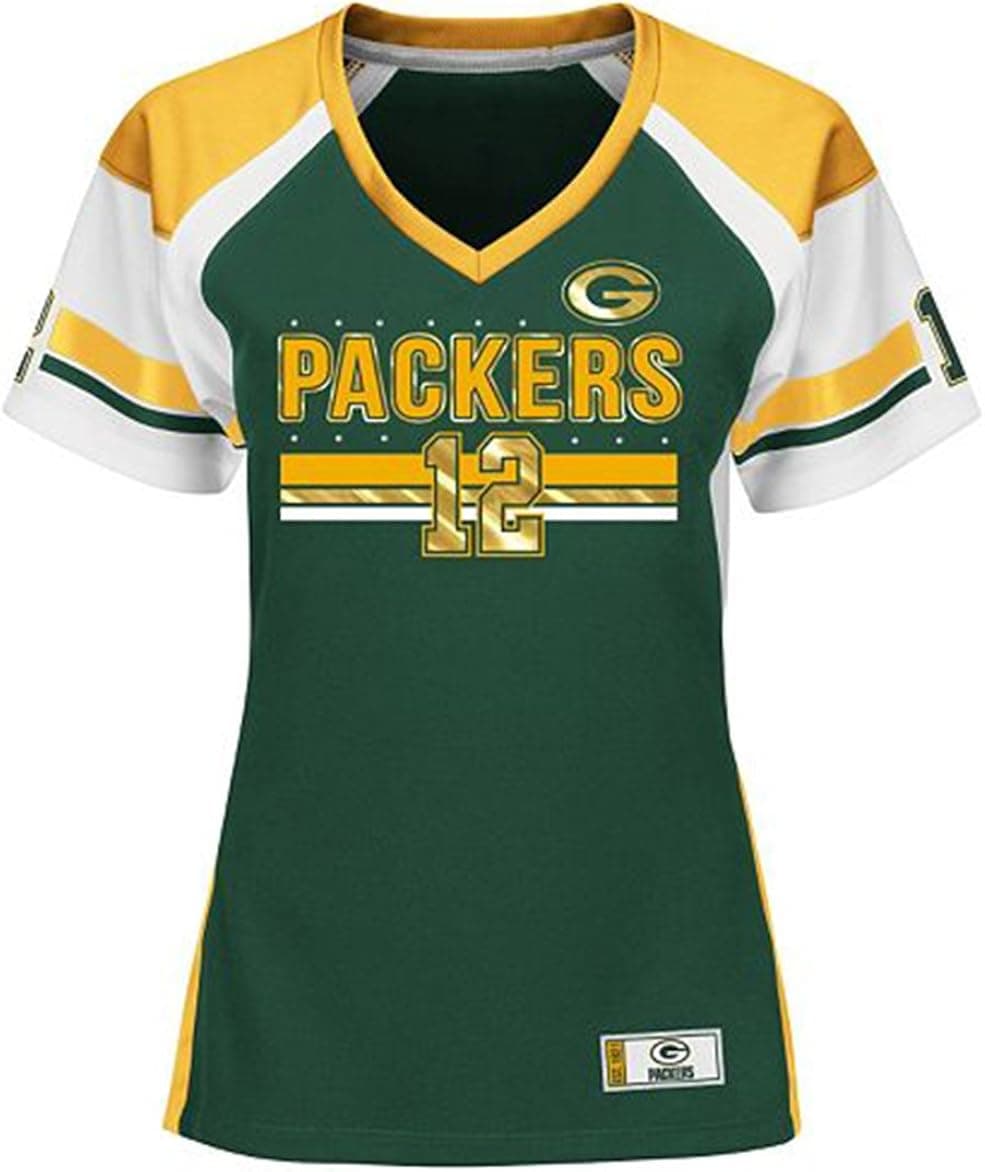 Majestic Aaron Rodgers Green Bay Packers Women's Green Draft Him Jersey Name and Number V-Neck T-Shirt