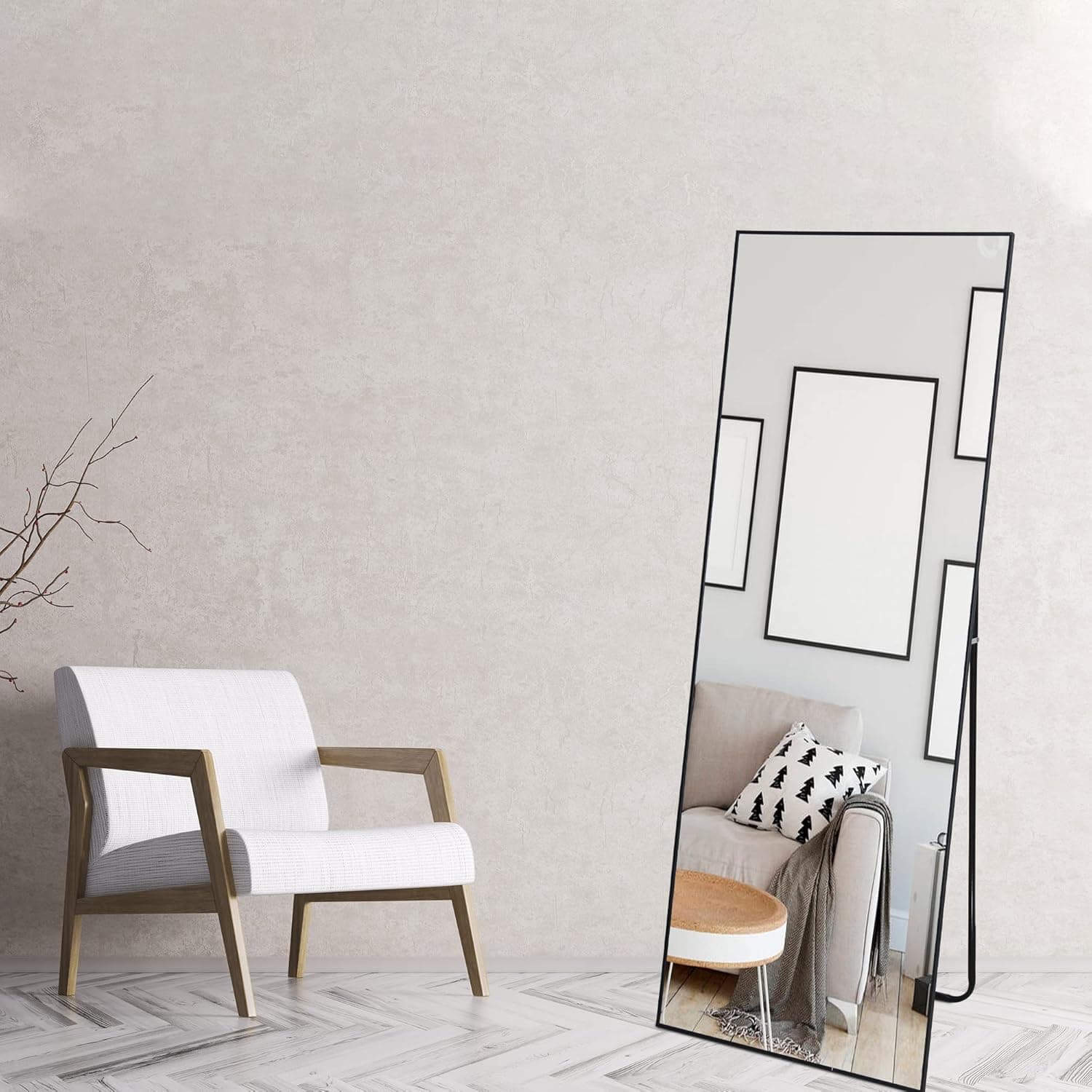 Beauty4U 59" x 20" Rounded Frame Full Length Mirror with Stand, Black Wall Mounting Full Body Mirror, Metal Frame Full-Length Mirror for Living Room, Bedroom