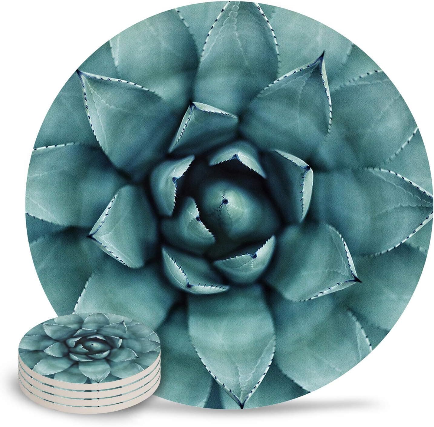 Coasters for Drinks 4-Piece Absorbent Stone Ceramic Coasters NO Holder Natural Plant Green Succulent Agave Coaster with Cork Backing, Prevent Furniture from Dirty and Scratched