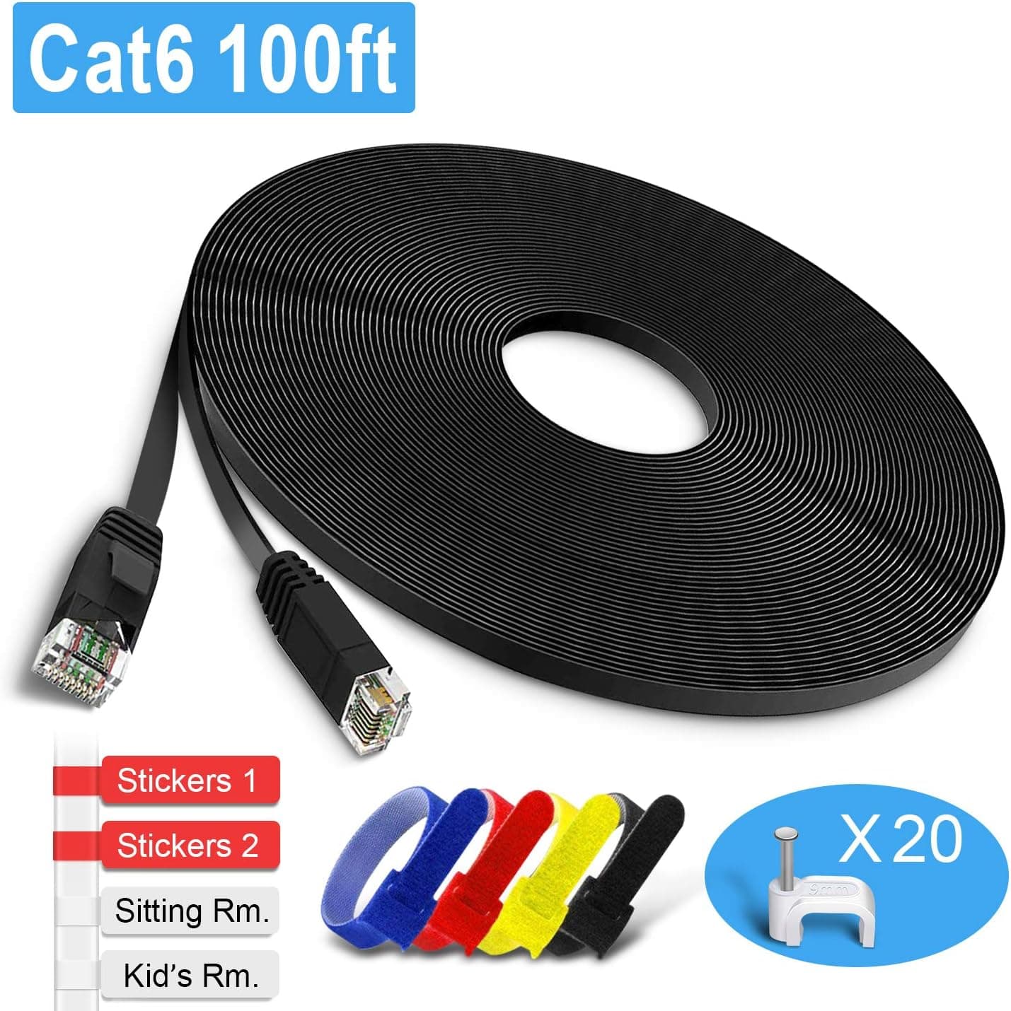TBMax Cat 6 Ethernet Cable Flat 100ft Black with Cable Clips & Tags, RJ45 Connectors Long Network Cable Patch Cords, High Speed Ethernet Cord for Computer, Router, Faster Than Cat5e/Cat5