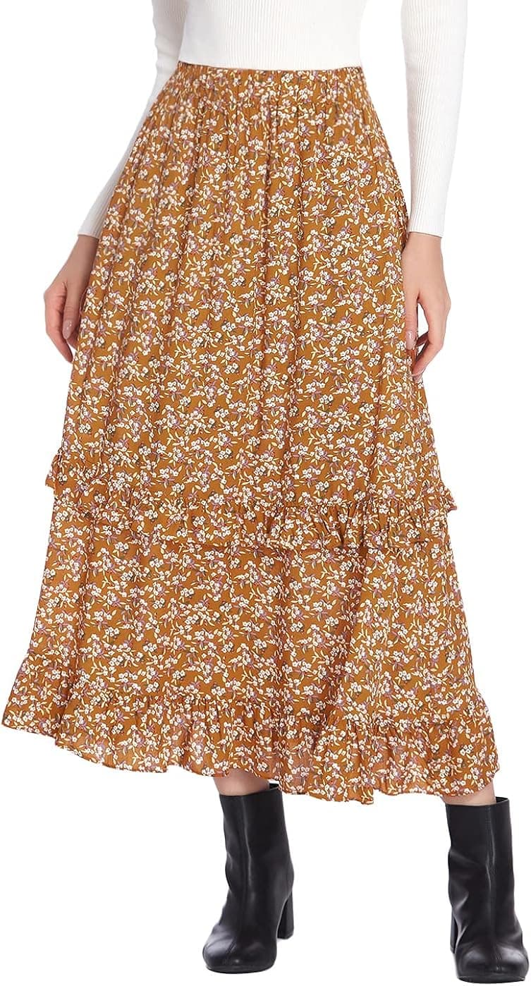Zeagoo Midi Skirt with Pocket Long Skirt for Women Elastic Waist High Waist Skirt Floral Peasant Maxi Skirt L