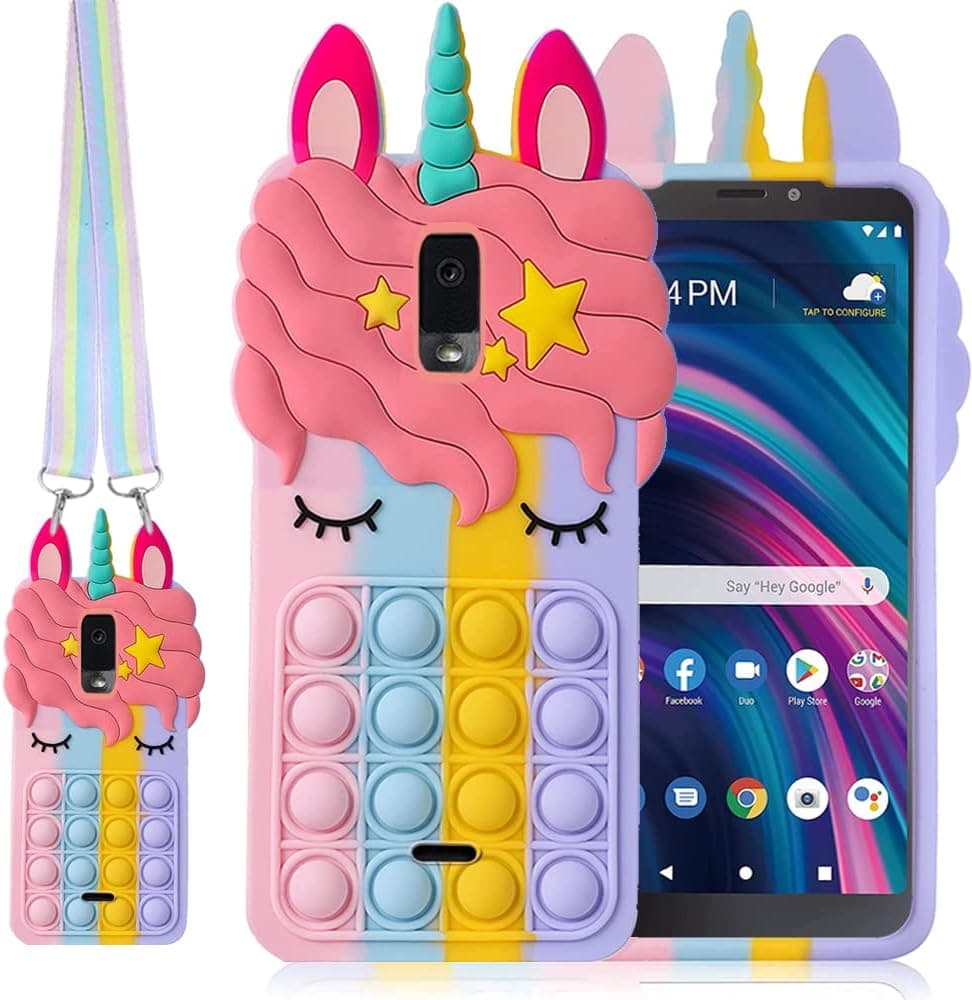 B-wishy for Blu View 3 with Strap,Fidget Toys Stress Relief Phone Case Bubble 3D Cartoon Funny Cute Silicone Cover for Girls Kids Teen,Protective Aesthetic Color Case-Rainbow (Blu View 3-Pink)