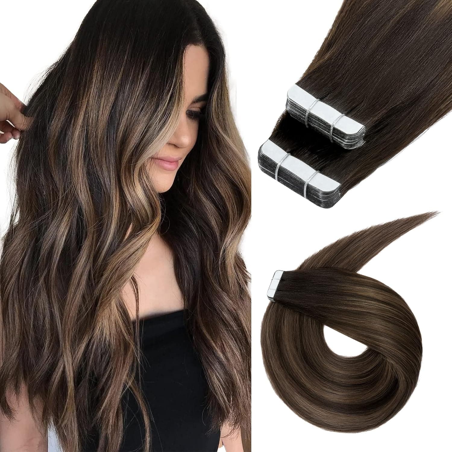 Tape in Hair Extensions - TESS Real Human Hair Extensions Tape In 20 PCS, Straight Seamless Tape in Human Hair Extensions 22 Inch Balayage Natural Black Mixed Chenust Brown Hair, 100% Human Hair Tape in Hair Extensions for Women Reusable